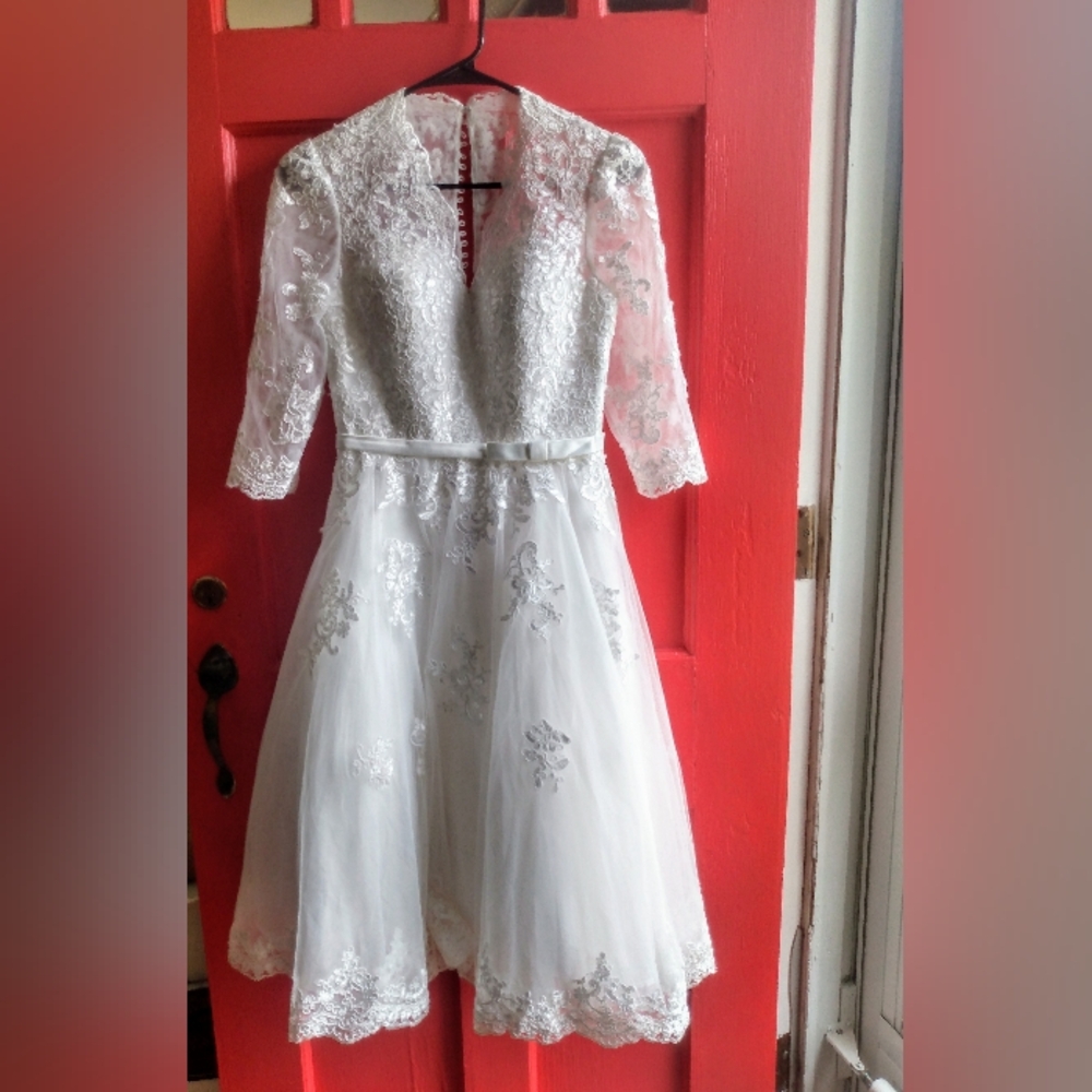 JJs House White A-Line Short Knee Length Wedding Dress w/ 3/4 Lace Sleeves